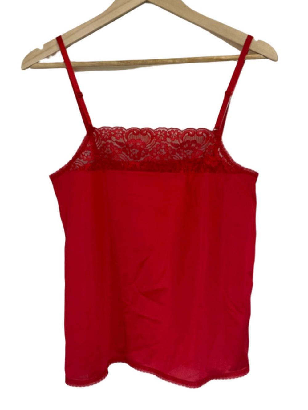 Vintage Bright Red Lace Trim Camisole Slip Top Slinky Strappy Tank Top Layering